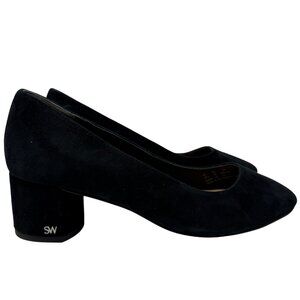 Stuart Weitzman Marymid Suede Pumps Block Heels Women 7 B Black Designer Classic